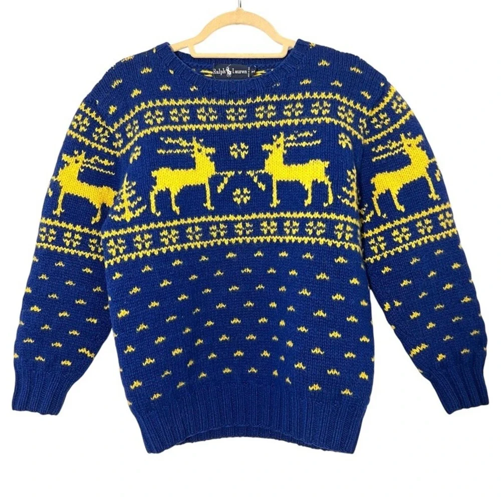 Vintage Ralph Lauren Sweater Mens S‎ Blue Wool Hand Knit Reindeer Fair Isle